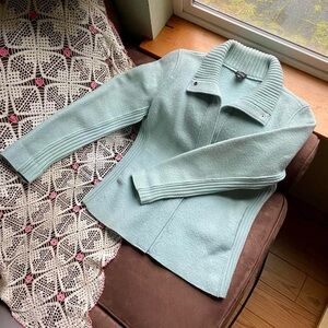 Eileen Fisher Boiled Wool Baby Blue Snap Button Collared Ribbed Sweater Jacket